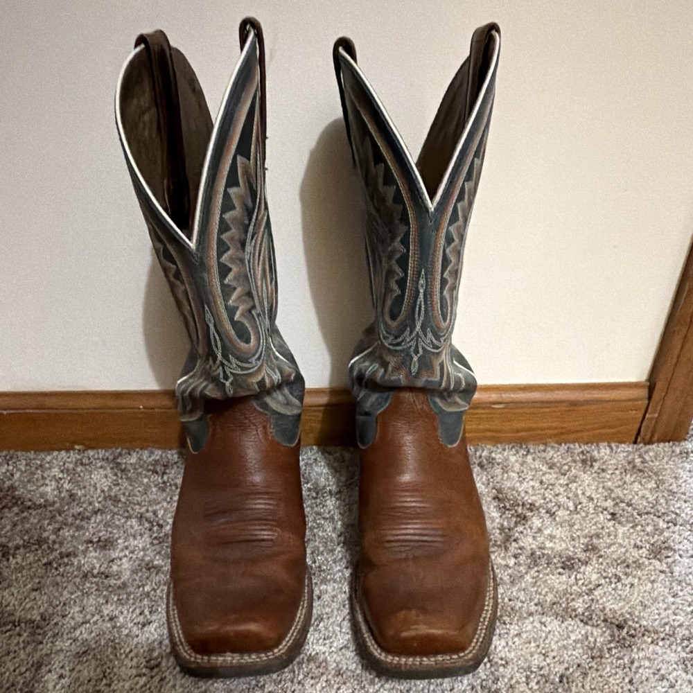Ariat Brown & Blue Western Cowboy Boots Square Toe Stitched Shaft US 8.5 D