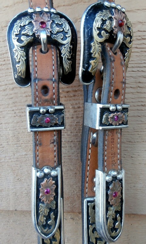 Beautiful Cowperson Tack Studded Silver Brass Copper Red Stones Horse Headstall
