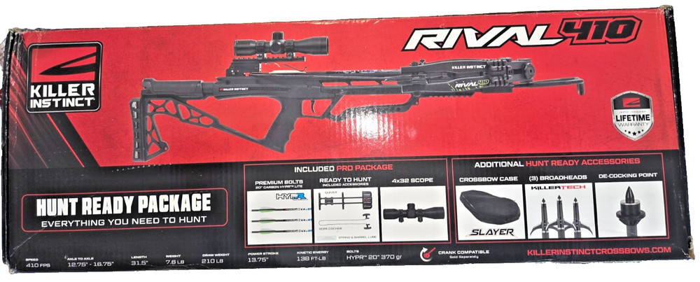 Killer Instinct Rival 410 Crossbow–Comp. Hunt‑Ready Package–410 FPS–New Open Box