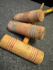 Set Of 3 Vintage Replacement Wooden Croquet Mallets 23” Handle Red, Yellow, Blue