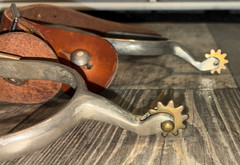 2 1/2 WESTERN SPURS WITH LEATHER STRAPS , SPINNING ROWELS