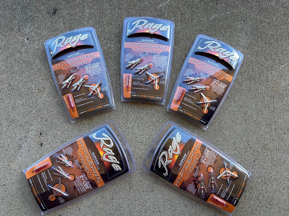 5 Packages Rage Cross Bow Hypodermic Deer hunting Broadheads 100 Grain steel 2″