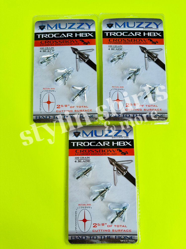 3 pk Muzzy Archery Trocar HBX CROSSBOW Mechanical 4 blade 100 Grain 3 Broadhead