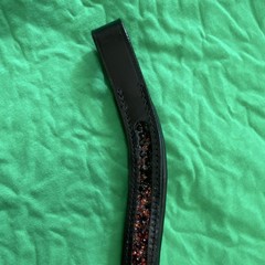 Black Leather Curved Bridle Browband w/ Red/Orange Rhinestones