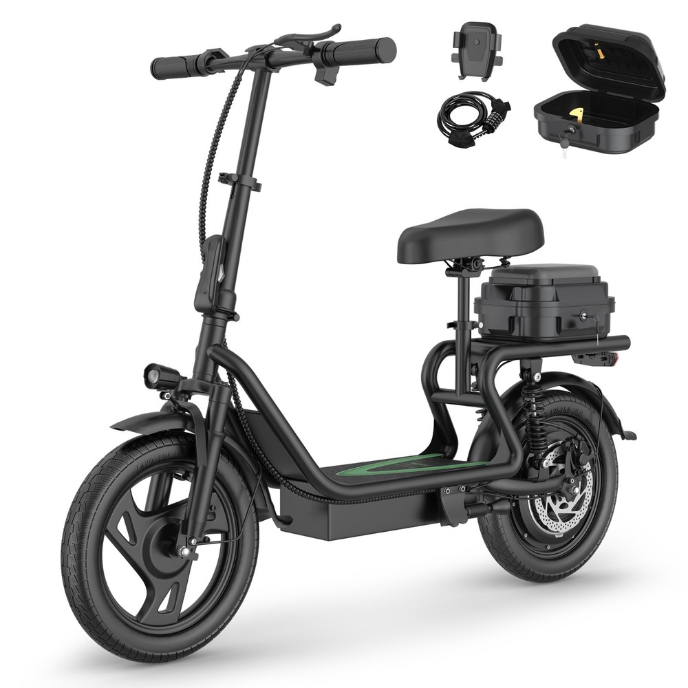 AOVOPRO Electric Scooter, 14» Foldable E-Scooter w/ Suspension & Rear Seat Box
