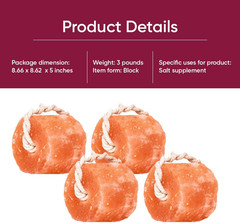 Himalayan Mineral Salt Block on Rope Pack of 4 (3Lbs Each) – 100% Organic Pink S