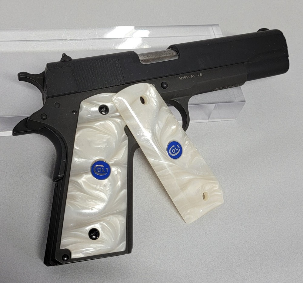 1911 White Pearl Acrylic Full-size Gun Grips w/Blue & Silver Colt Medallions