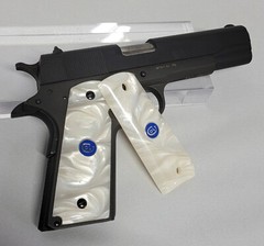 1911 White Pearl Acrylic Full-size Gun Grips w/Blue & Silver Colt Medallions
