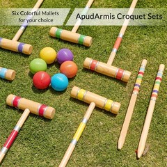 Croquet Set with Deluxe Premium Pine Wooden Mallets 32In Six Player Colored B…