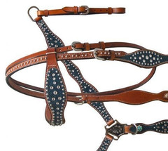 Western Premium Blue Crystal Studded Horse Tack Set Headstall & Breast Collar