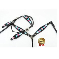 Western Horse Leather Purple & Pink Feather Bridle Breast Collar Tack Set