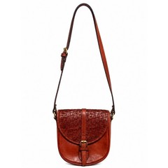 Leather Woven Saddle Crossbody Bag Brown Gold Color Accents Festival Hiking