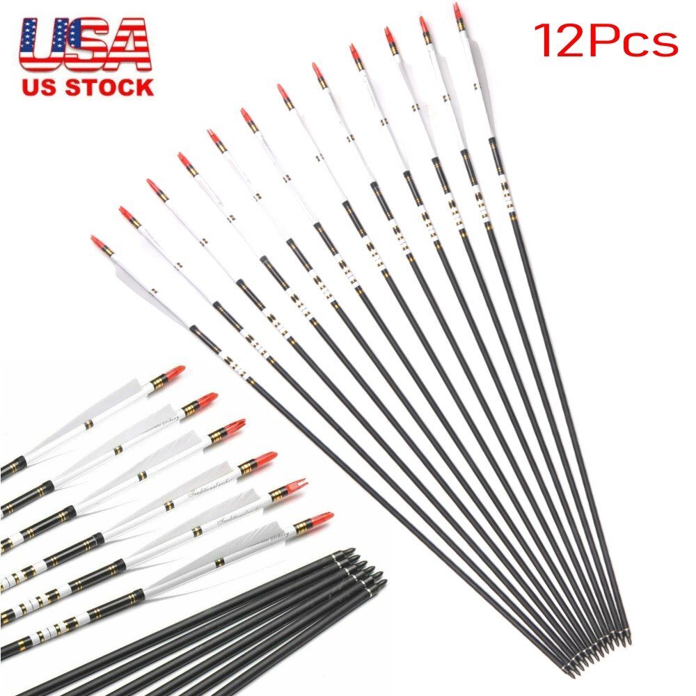 12x 30″ Archery Carbon Arrows Spine 500 Turkey Feather For Compound/Recurve Bow