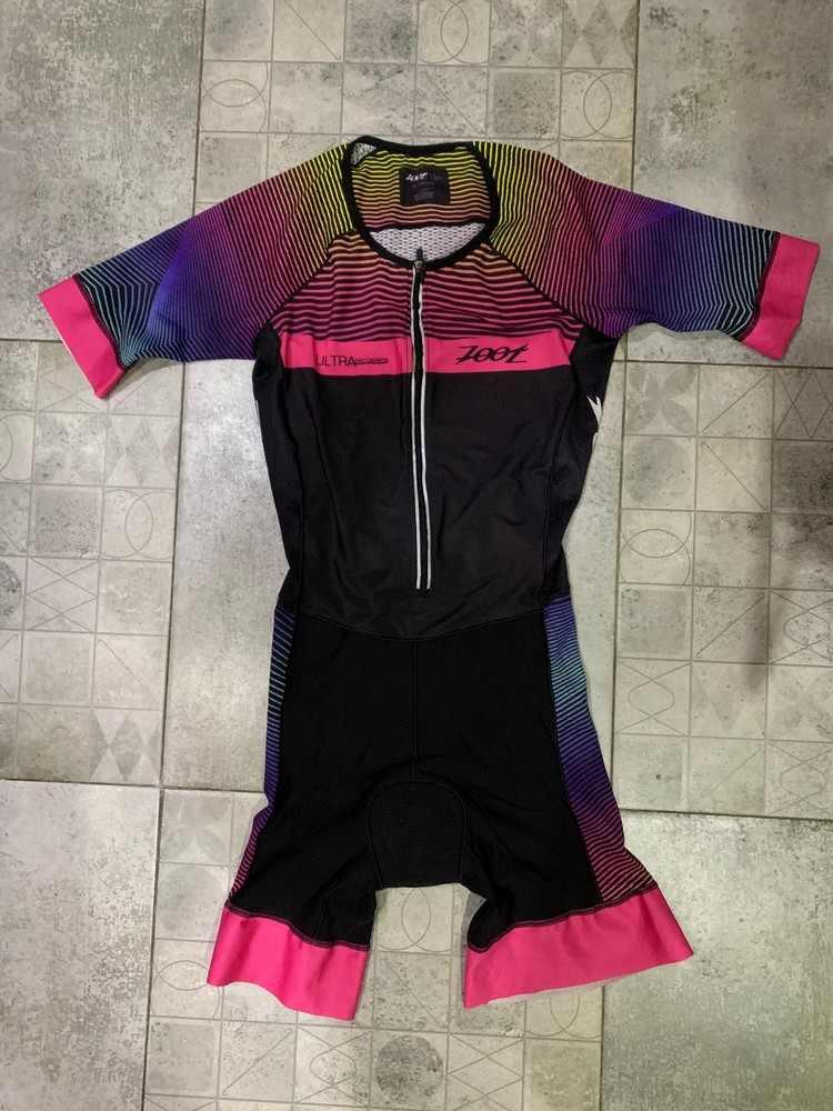 Zoot Triathlon Suit Size L Full Zip Short Sleeve Tri Suit Cycling Multicolor