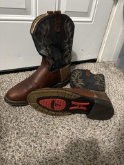 Durango Brown Leather Western Cowboy Boots Pull-On Blue Embroidered Shaft