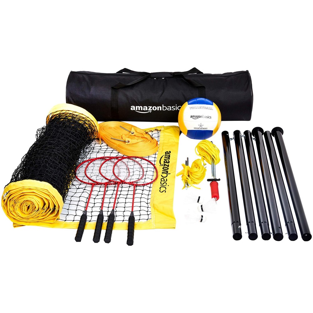 Amazon Basics Portable Outdoor Volleyball and Badminton Combo Set with…