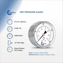2-1/2″ Pressure Gauge, Chrome Plated Steel Case, Dry/kPa, Back Mount 0-200 psi