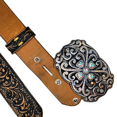TONY LAMA Studded Leather Belt Sz 36 Swarovski Crystal Buckle Hearts Rhinestones