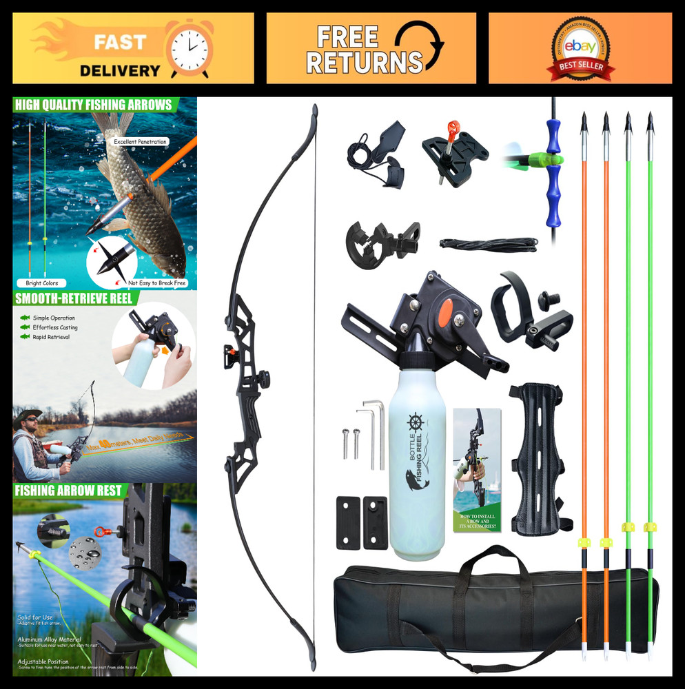 Recurve Bow Fishing Combo Kit – Archery Set for Beginners, 40m Reel & Portable B