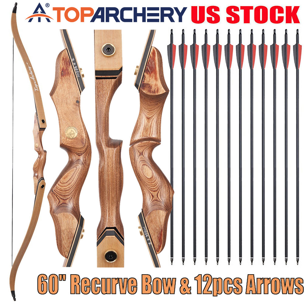 60″ Archery Recurve Bow 20-60lbs Takedown Wooden Bow Carbon Arrow Target Hunting