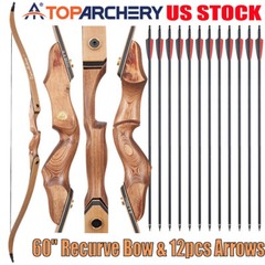 60″ Archery Recurve Bow 20-60lbs Takedown Wooden Bow Carbon Arrow Target Hunting