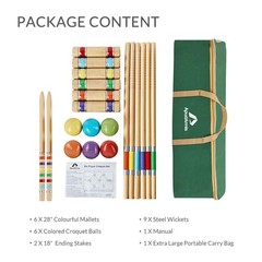 Croquet Set with Deluxe Premium Pine Wooden Mallets 32In Six Player Colored B…