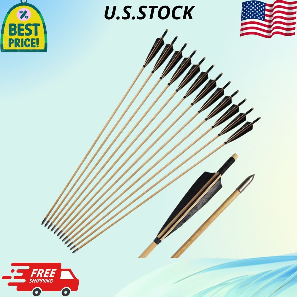 12PCS Wooden Archery Arrows – 33″ Shaft, Real Turkey Feathers for Longbow