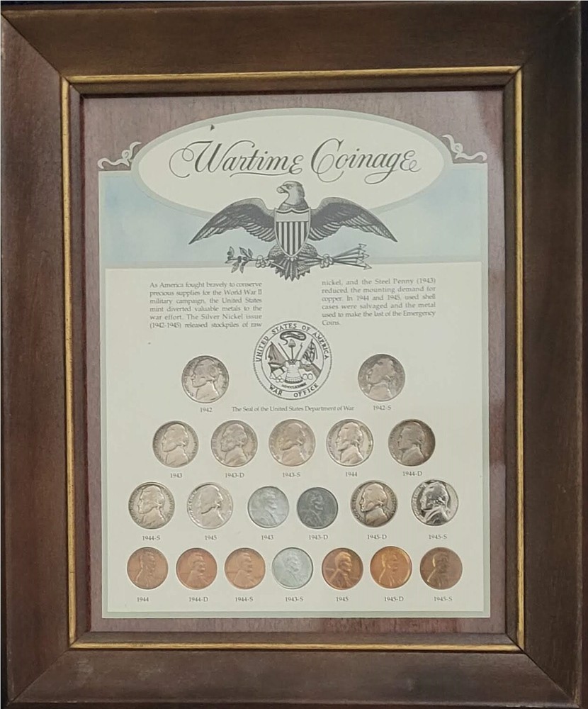 U.S. MINT Wartime Coinage 20 Coins in Frame United States of America War Office