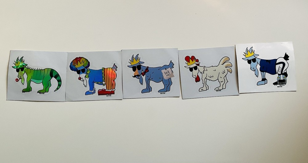GOAT USA stickers- rare holographic clown and iguana,kickme,chicken,and football