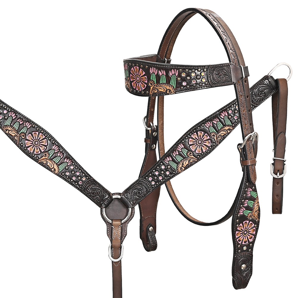 Western Headstall and Breast Collar Set HILASON Tooled Leather Horse Bridle Tack