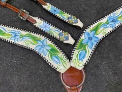 Painted Blue Flowers One Ear Headstall & Breast Collar & Reins NEW