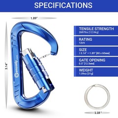 3inch Auto Locking Carabiner Clips Heavy Duty, 12KN /2697lbs Lightweight keyc…