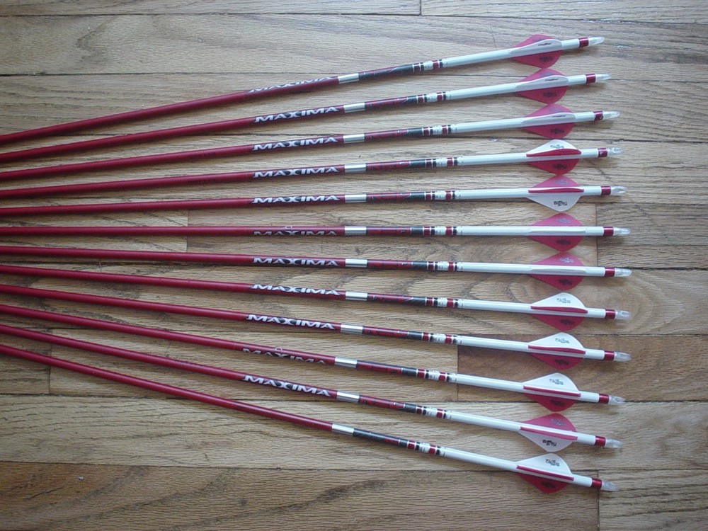 12 Carbon Express Maxima RED 250 400 Arrows: Blazer Vanes, White Dip, & Crest