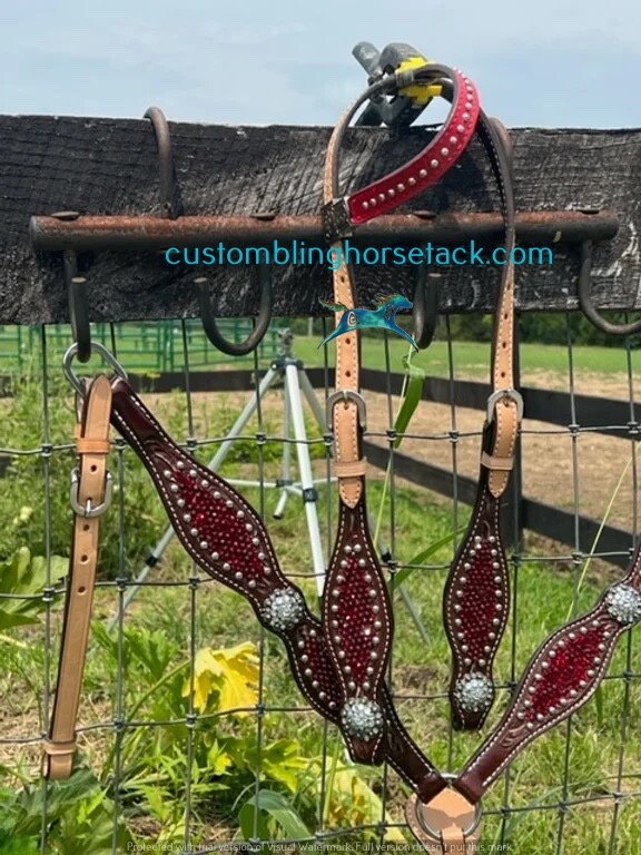 Ruby Red Rhinestone Crystal One Ear Bling Bridle Breast Collar Set