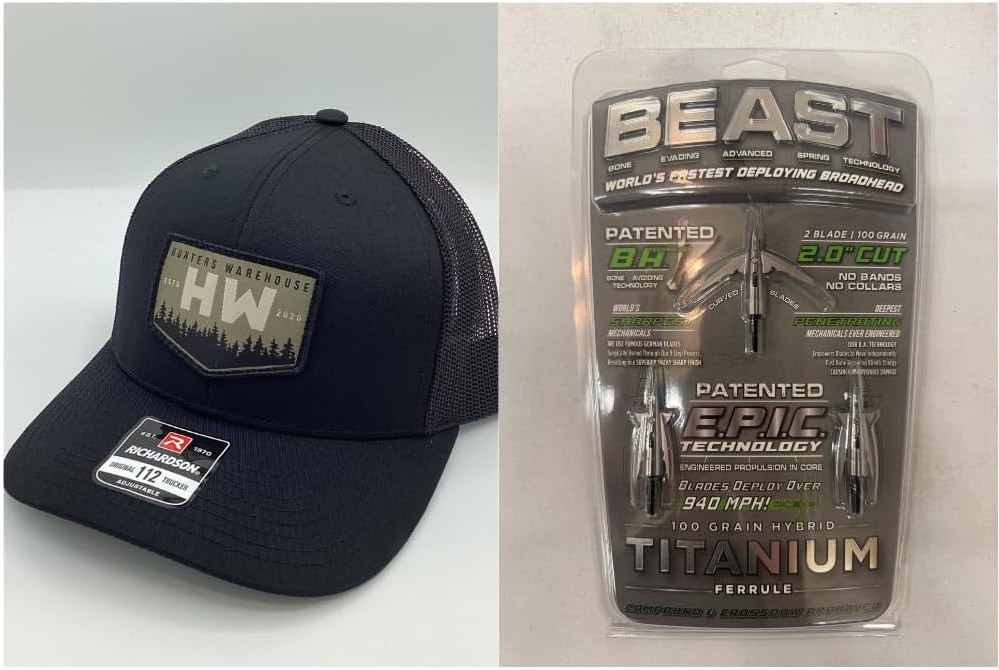 Beast Titanium 100 Grain 2.0 Broadhead 2 PC+ Hunter’ Warehouse Black Hat Combo