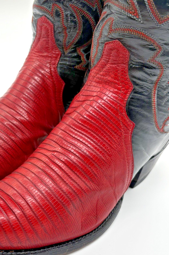 Vintage Tony Lama Cherry Red / Black Lizard Skin Boots Men’s 8.5D Style 8331 C06
