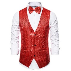 Gold Sequin Vest Men’s Single-breasted V-neck Sleeveless Vests Coat Wedding Part