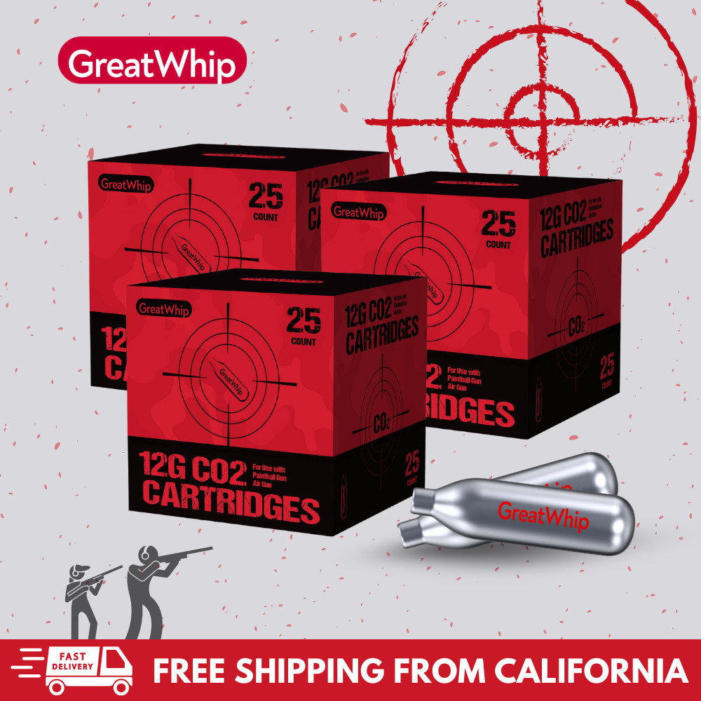 GreatWhip 12g CO2 Cartridges x 75pcs for Pellet Guns, BB Guns and Airsoft Guns