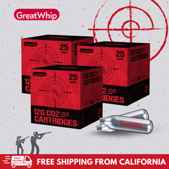GreatWhip 12g CO2 Cartridges x 75pcs for Pellet Guns, BB Guns and Airsoft Guns