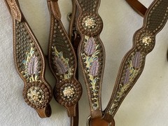 GORGEOUS Custom Crystal & Beaded Tack SET~HEADSTALL~BREAST COLLAR~HAND PAINTED