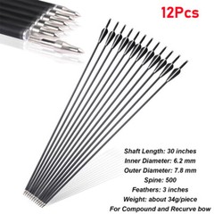 12Pcs 30 Inch Carbon Arrows SP500 OD 7.8mm Archery For Compound/Recurve Bow Hunt