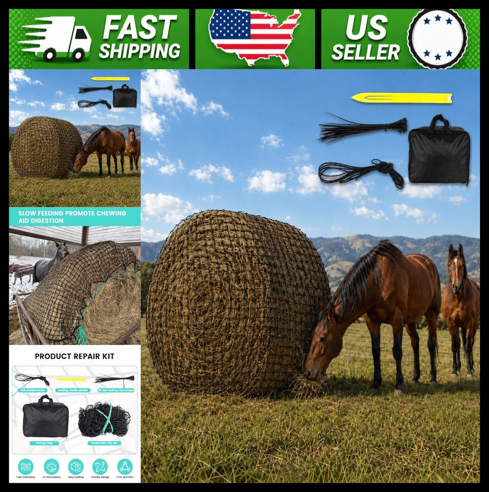 Round Bale Hay Net for Horses Slow Feed 5×5 Ft with Gloves and Repair Tool