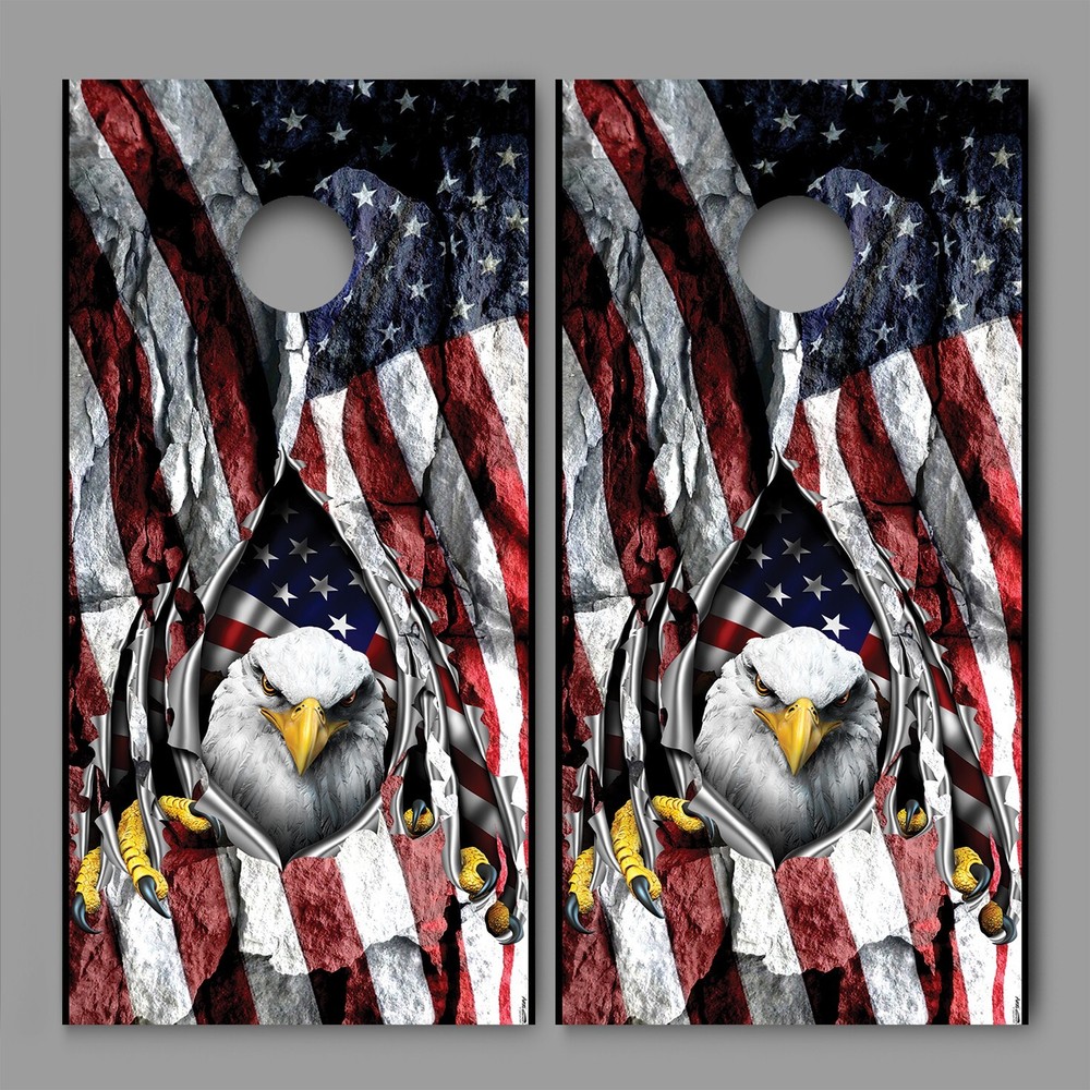 Bald Eagle Tear Rip Stone American Flag Cornhole Decal Wraps