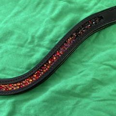 Black Leather Curved Bridle Browband w/ Red/Orange Rhinestones