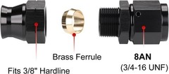 8AN Female Flare to 3/8″ Hardline Compression Fitting 8AN to 3/8″ Black – 2PCS