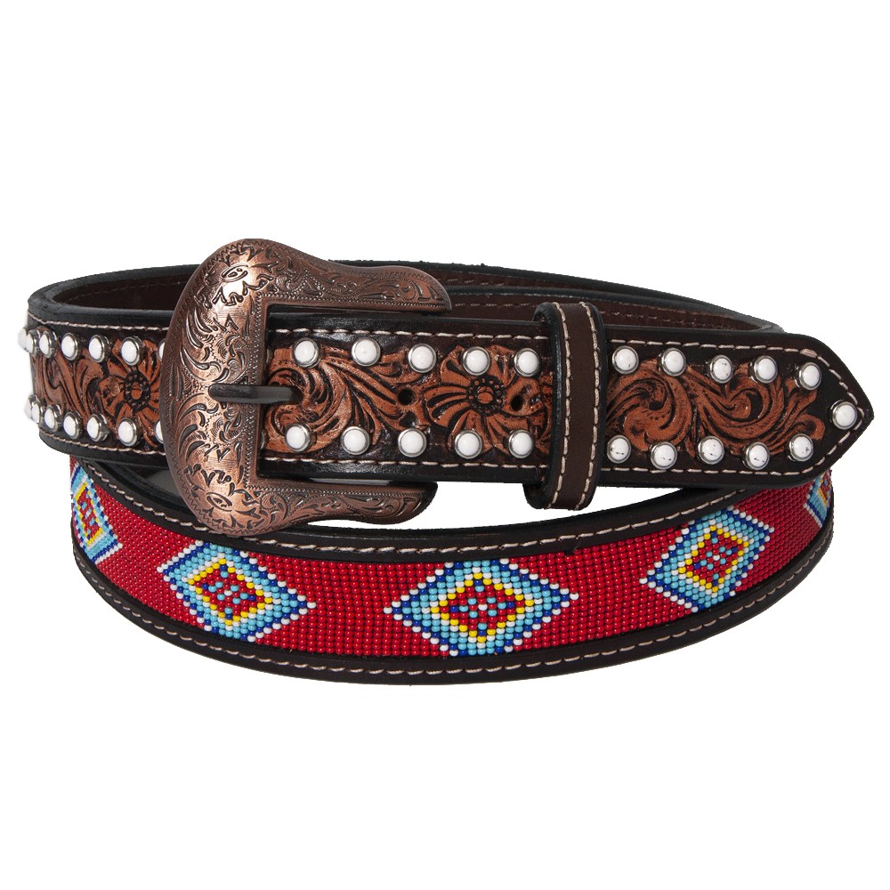 BE BAR H EQUINE Red Beaded White Crystal Floral Hand Carved Western Men And