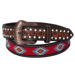 BE BAR H EQUINE Red Beaded White Crystal Floral Hand Carved Western Men And