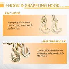 Tow Chains with Hooks, higehio 5/16″ × 24″ Tow Chain w/8″ and 4″ J Hook WAL