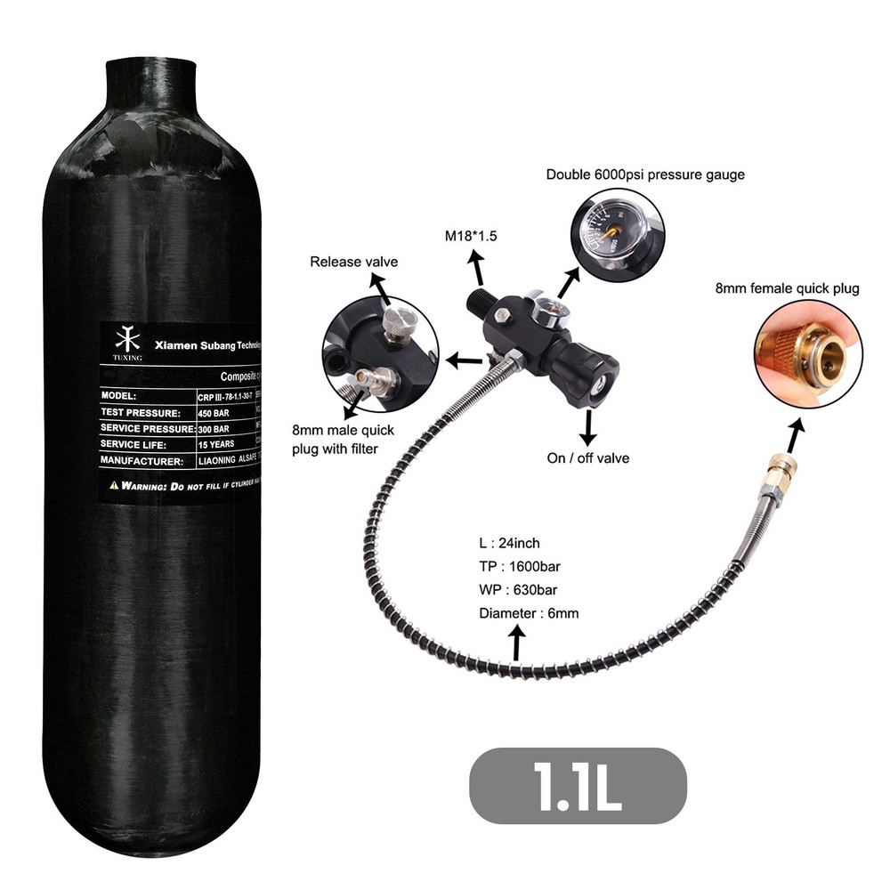 TUXING 4500PSI PCP Air Tank 1.1L Carbon Fiber HPA Tank with Dual Gauge Regulator