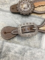 Western Women’s Spur Strap Set with Leather Leaves on Cowhide, Raw Metal Concho